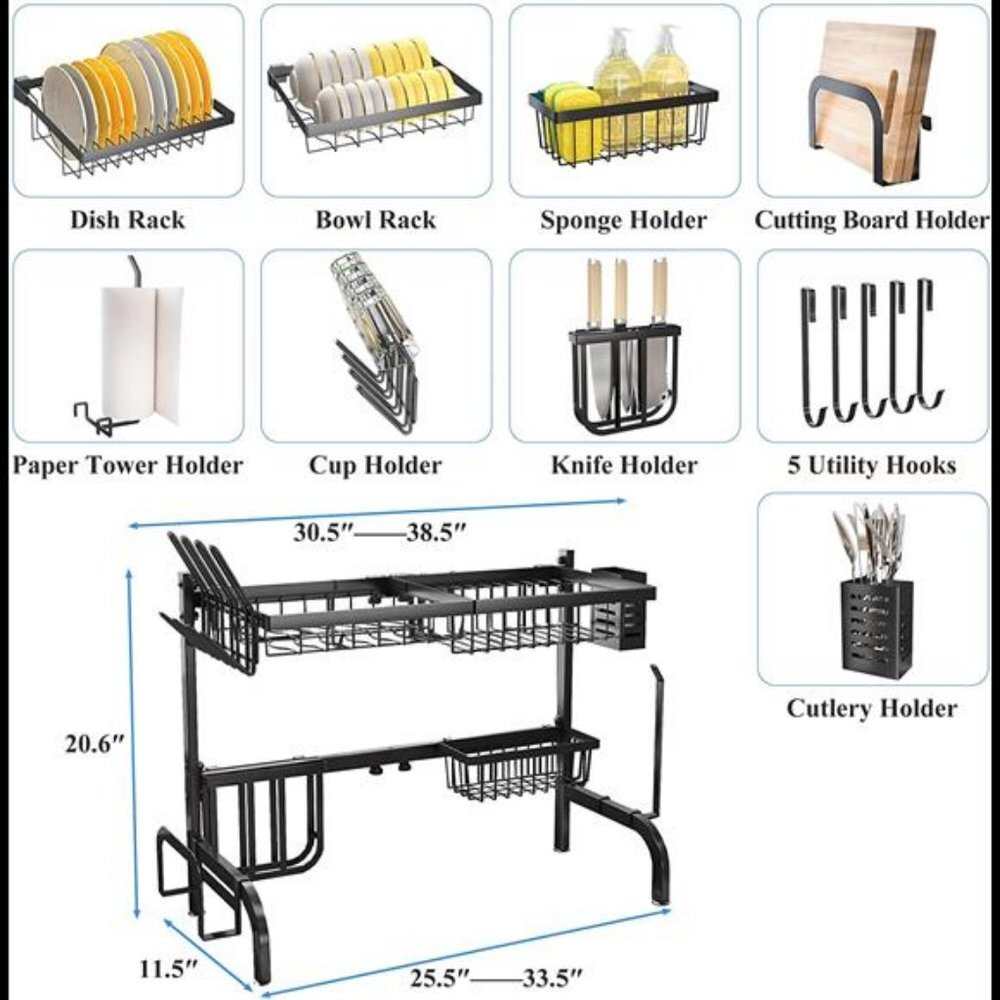 Over The Sink Dish Drying Rack Adjustable (33.94”- 40.94”), Joly Home 2 Tier